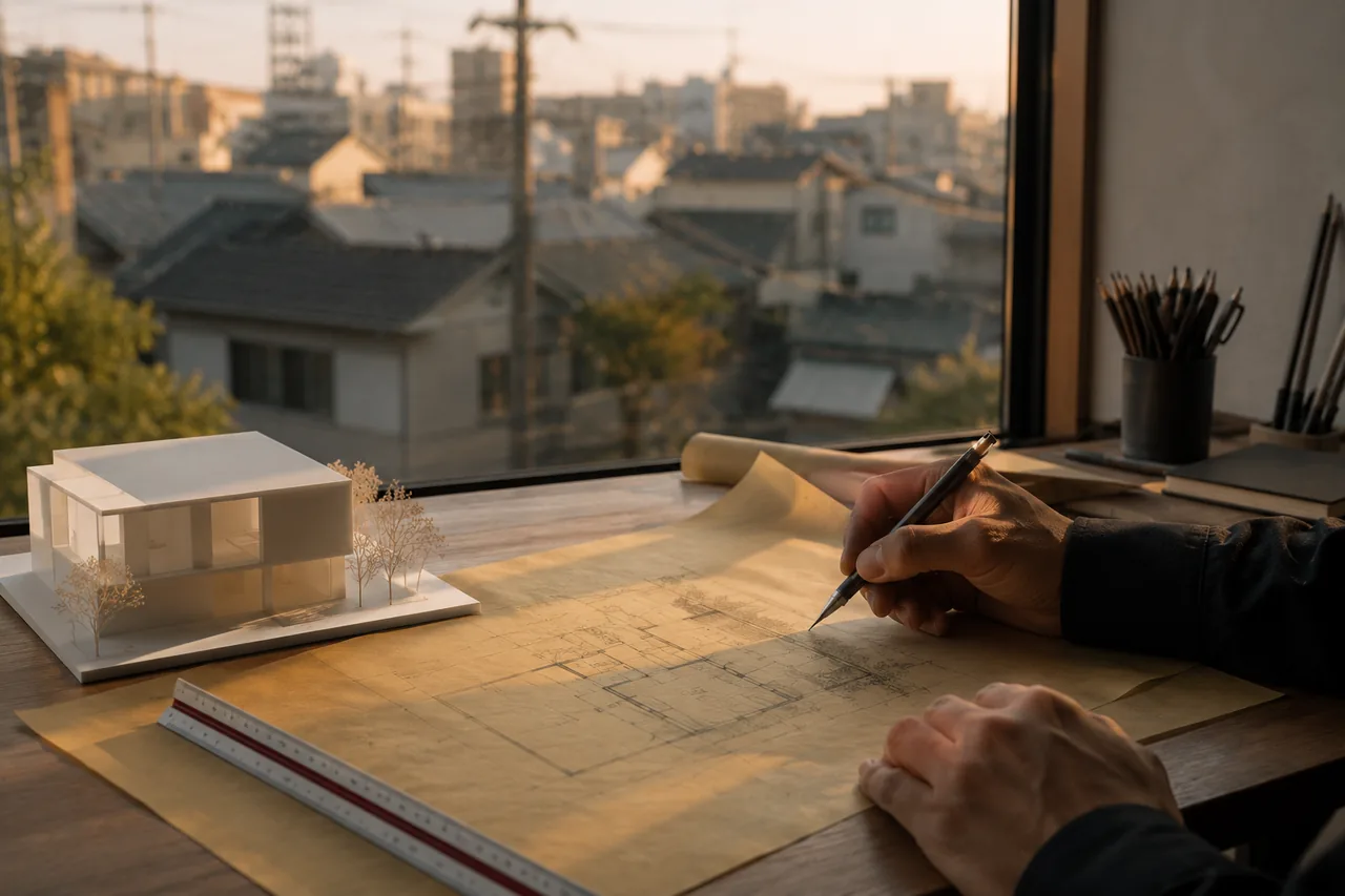 大阪の家の間取りを手描きする一級建築士の手元（※イメージ）